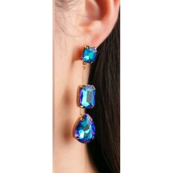 Blue Crystal Drop Dangle Earrings With Gold-Plated Setting For Women - Picture 2 of 2